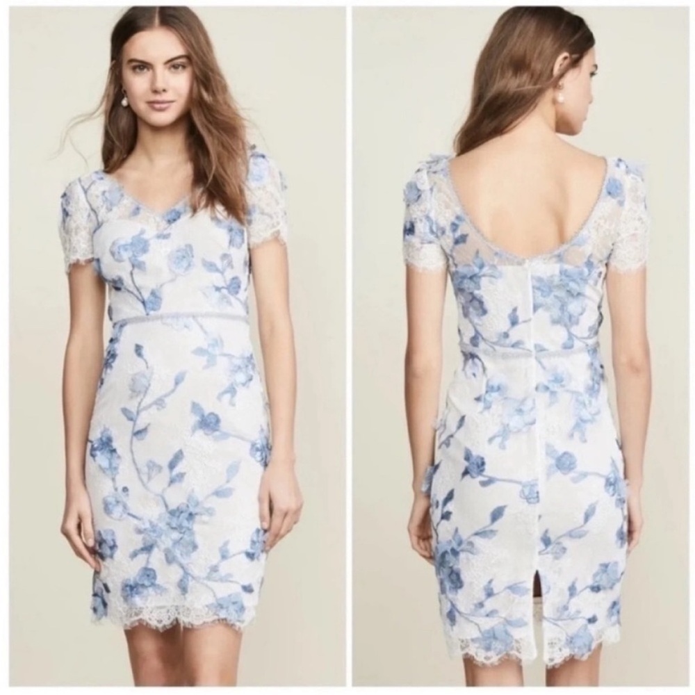 Marchesa Notte Floral Cap Sleeve Corded Lace Cocktail Dress White Blue NWT
